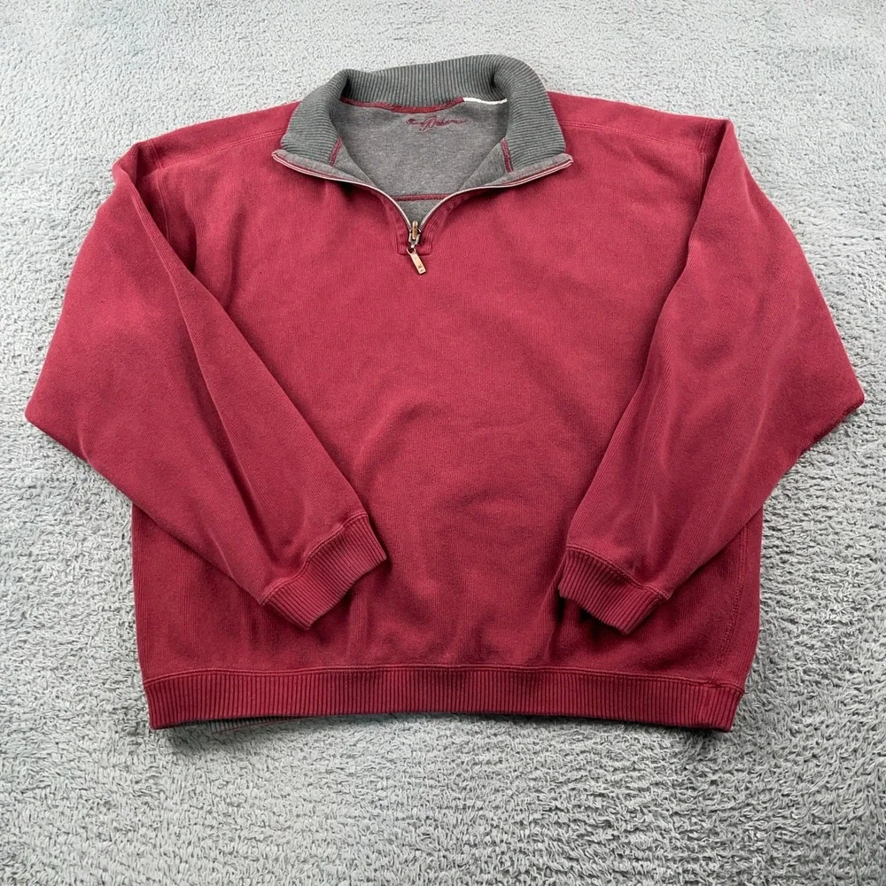 Tommy Bahama Sweater Mens 2XL Red 1/4 Zip Pullover Ribbed Cotton Sweatshirt